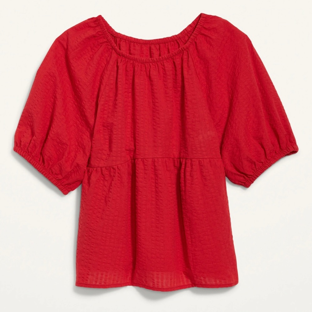 New! Puff-Sleeve Seersucker Babydoll Swing Blouse for Women